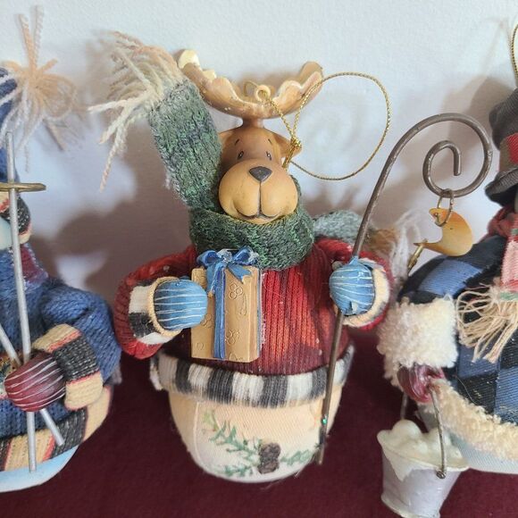 Vintage Fabric Mache Holiday Winter Christmas Ornaments Snowmen & Moose Set of 4 - Picture 6 of 16